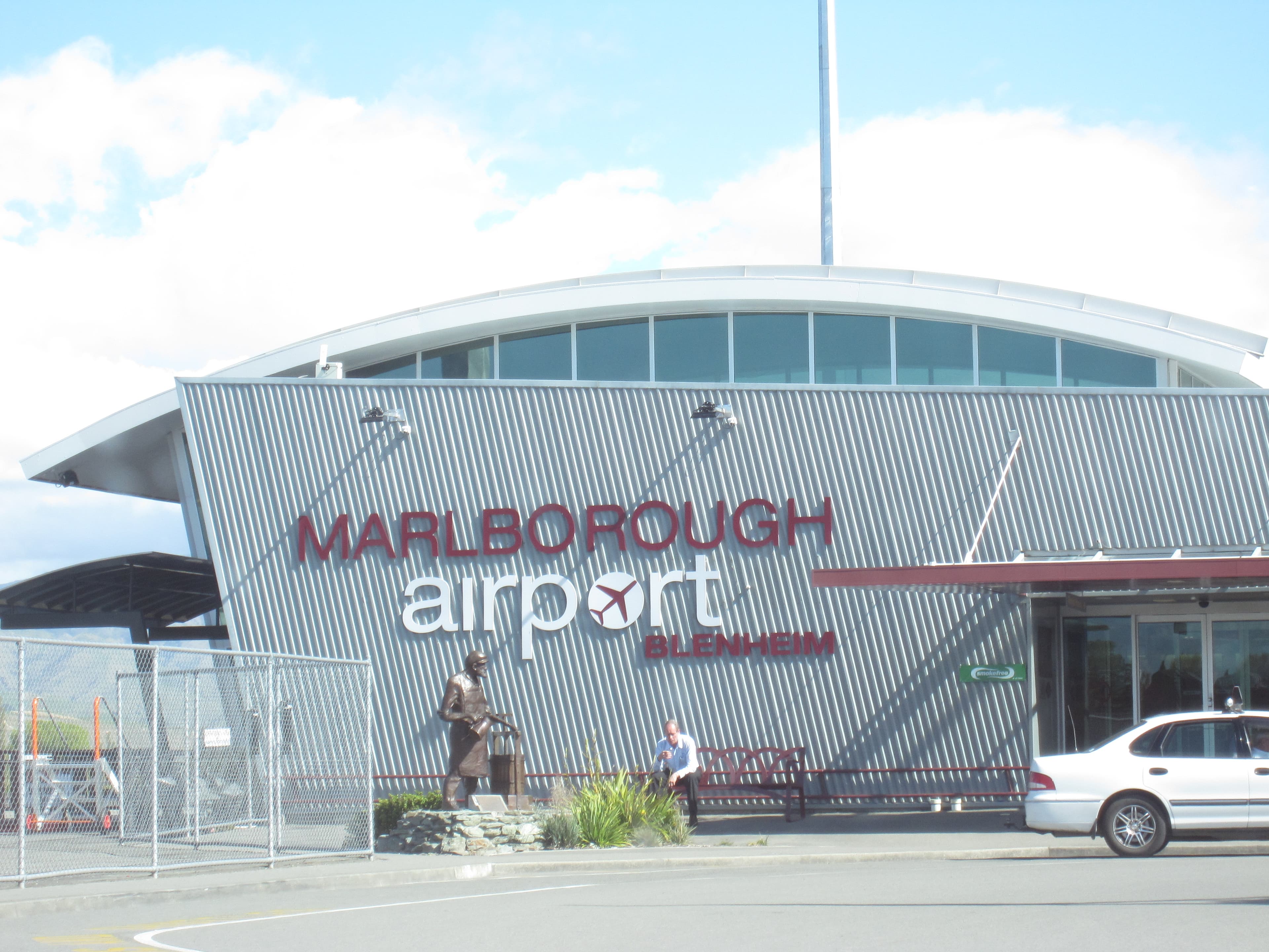 Marlborough Airport terminal facade with Blenheim signage