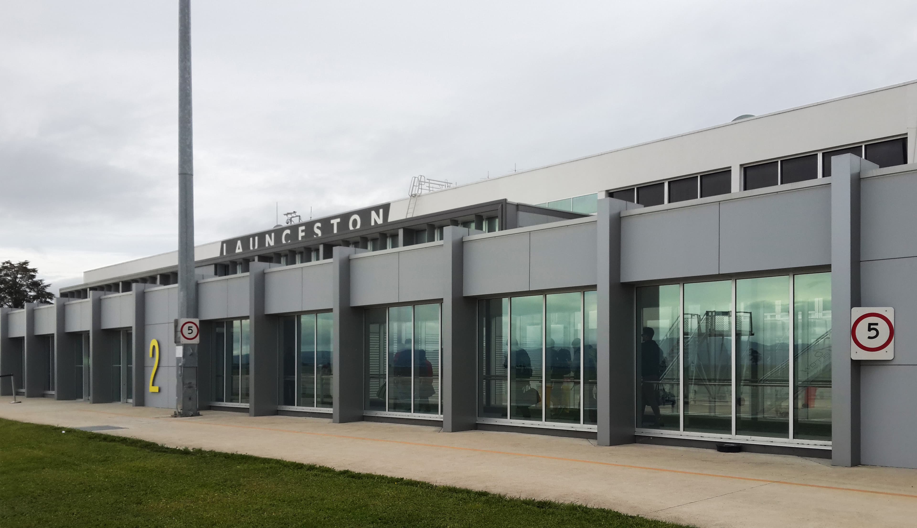 Launceston Airport terminal exterior with the airport name above the windows