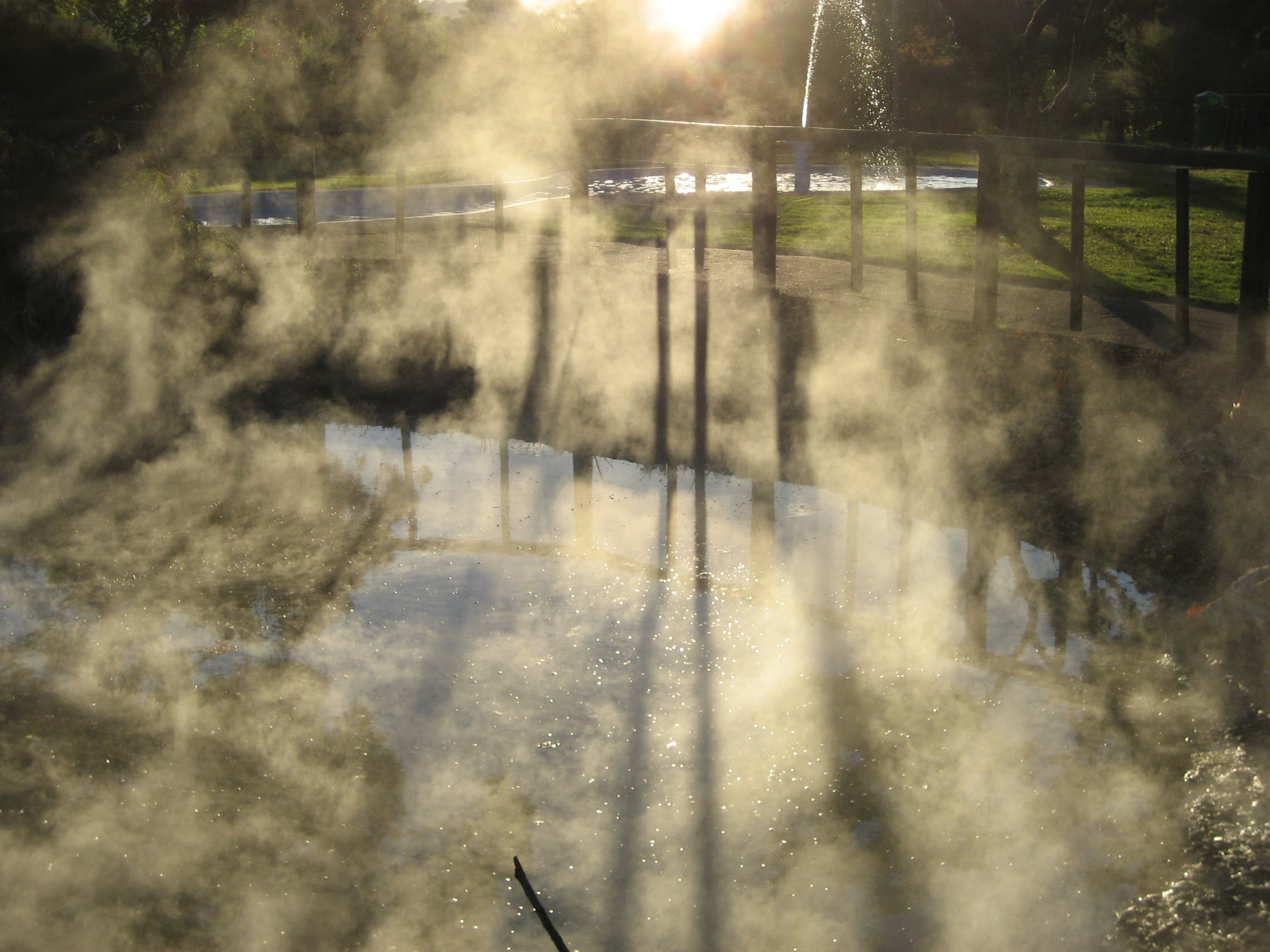 Steam rising from a pool beside a fenced path in Rotorua's town park